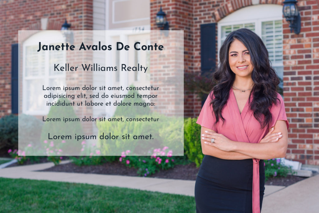 Real Estate Agent, Broker, or Investor poses in front of beautifullarge brick luxury home. Brochure mockup with text overlay
